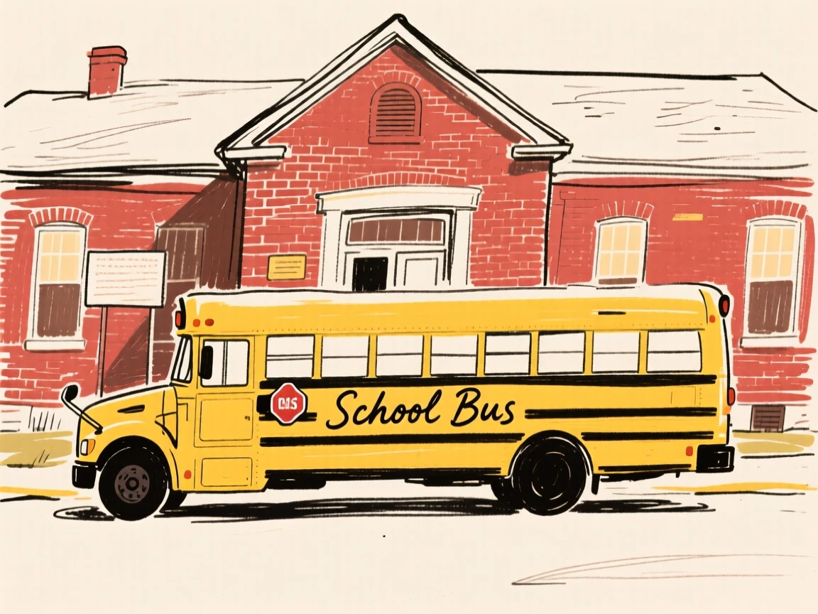 A classic yellow school bus parked in front of an old brick schoolhouse.