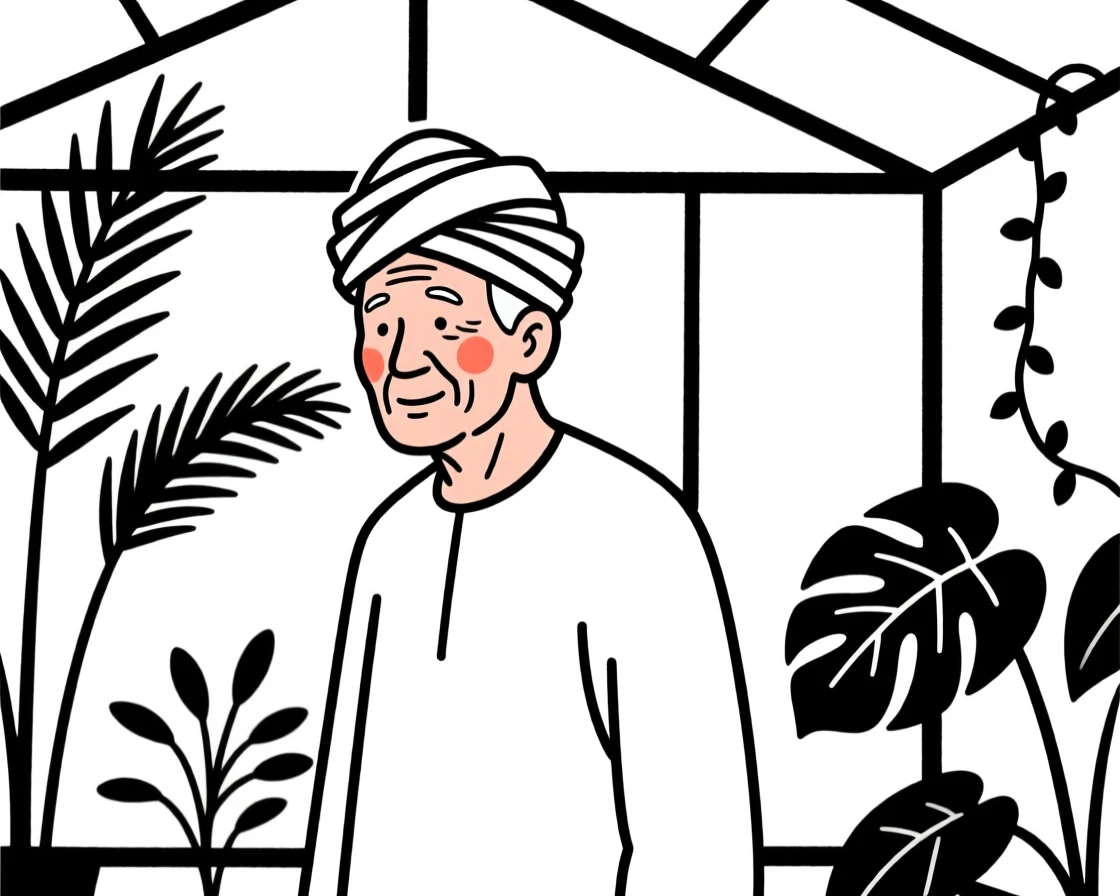 An elderly man wearing a Nigerian gele headwrap, in a botanical garden greenhouse.