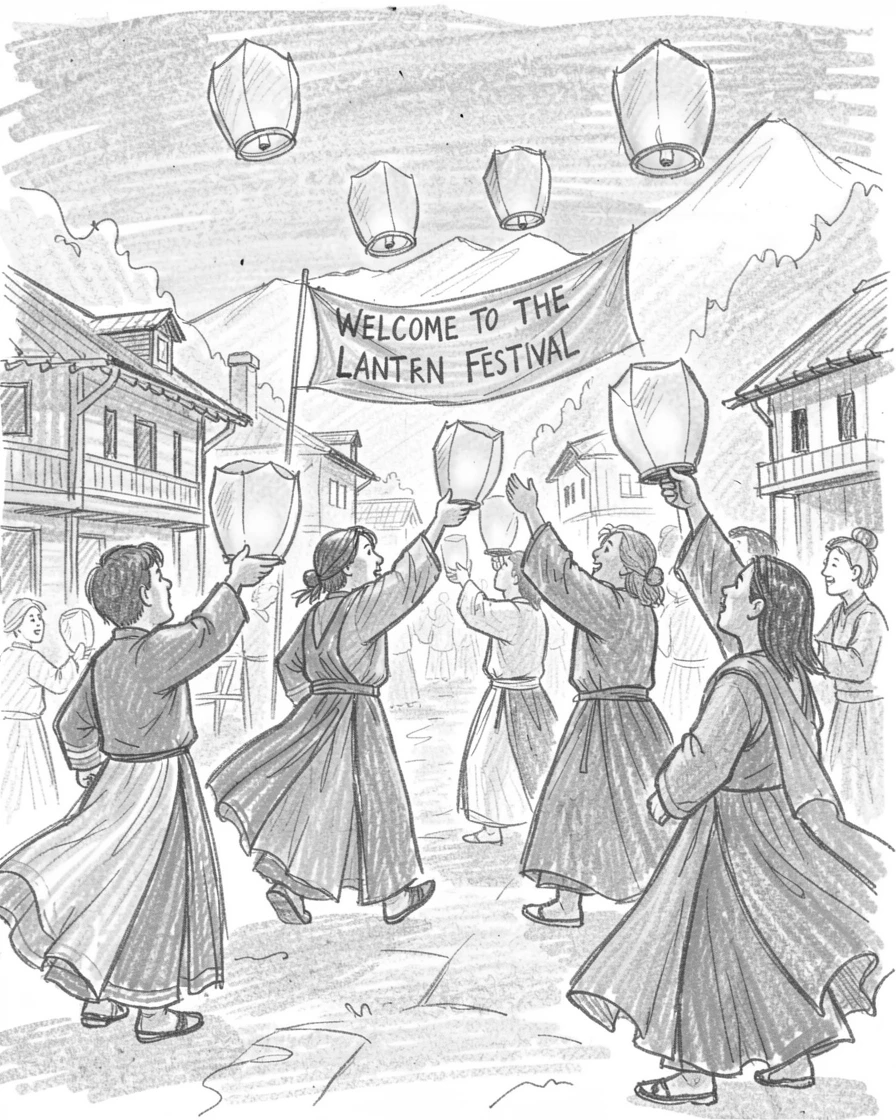 A vibrant cultural scene of worshippers releasing glowing paper lanterns into the sky in a remote mountain village, with vibrant fabrics fluttering in the breeze.