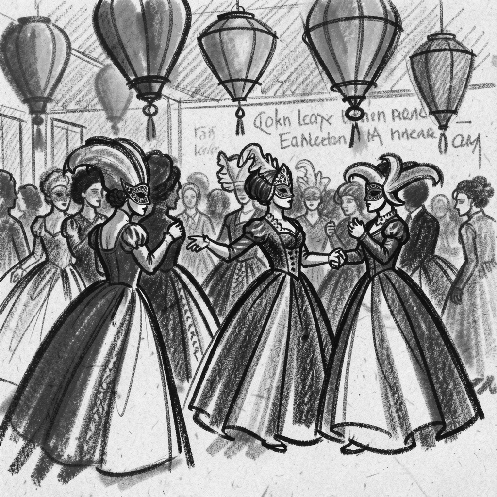 A Venetian masquerade ball with elaborate masks, under a canopy of colorful lanterns.