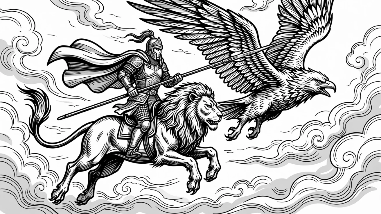 A knight riding a griffin through a sky filled with swirling clouds.