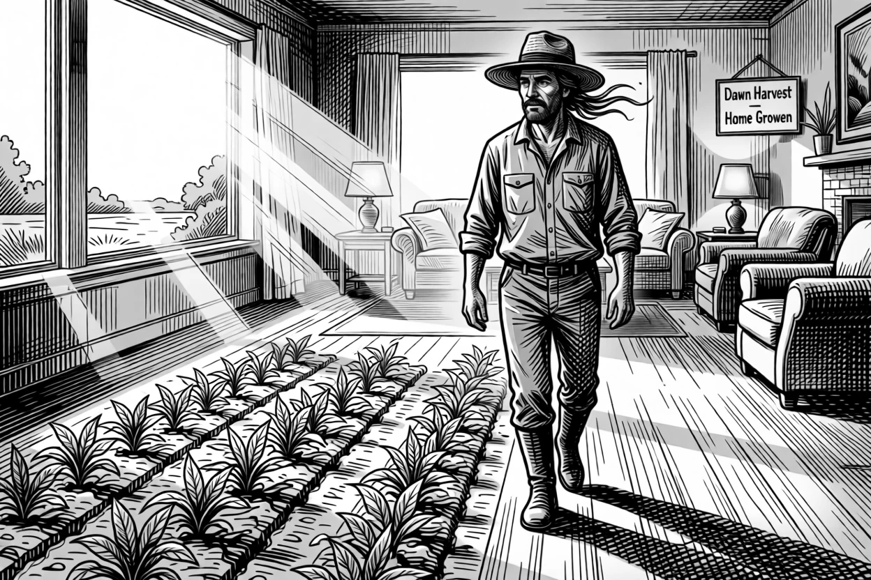A farmer walking through rows of crops at dawn within a warmly lit living room, with a gentle breeze moving through their hair, creating a full of gentle warmth lifestyle scene.