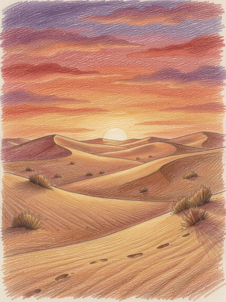A desert dune landscape rippling beneath a blazing sunset, with soft, natural light bringing warmth to every detail, capturing a quiet story that lingers with the viewer.