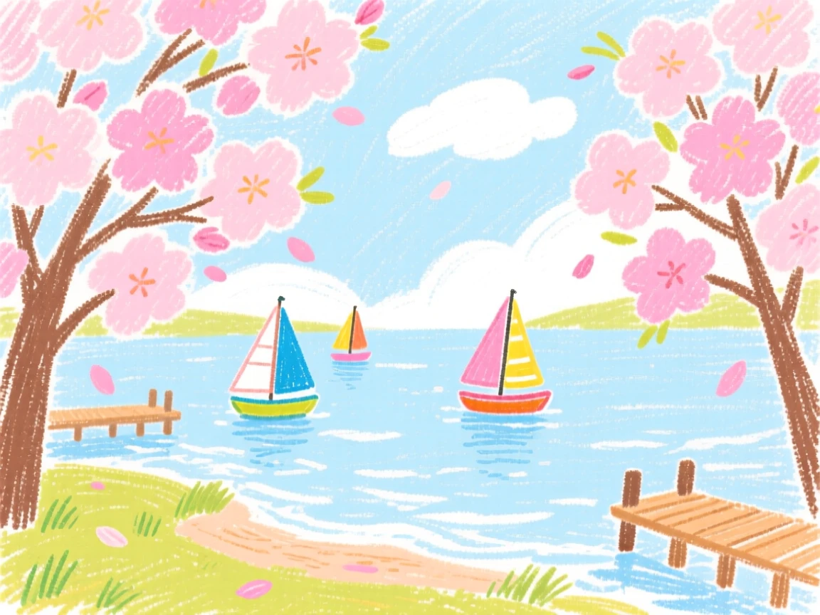 A view of a quiet harbor framed by blooming cherry trees in spring.