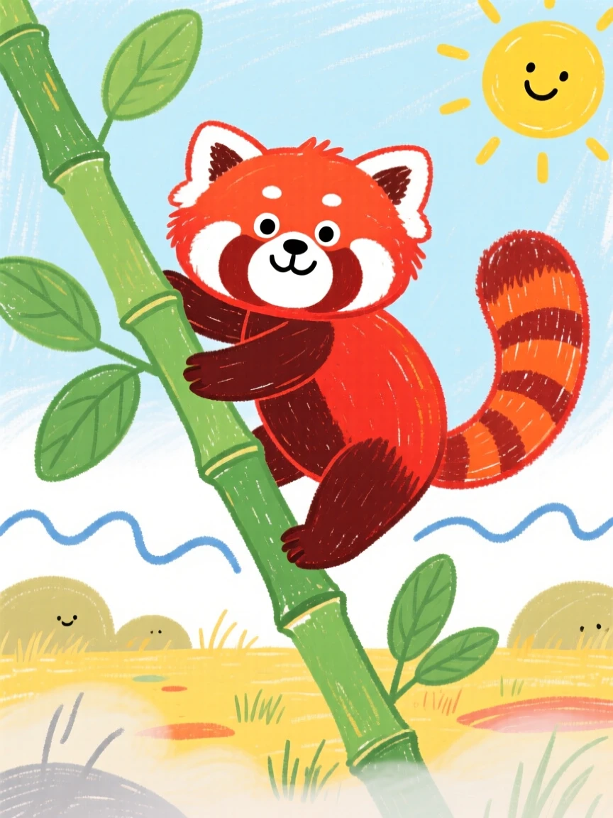 A red panda climbing a bamboo branch as the morning mist rises over the savanna.