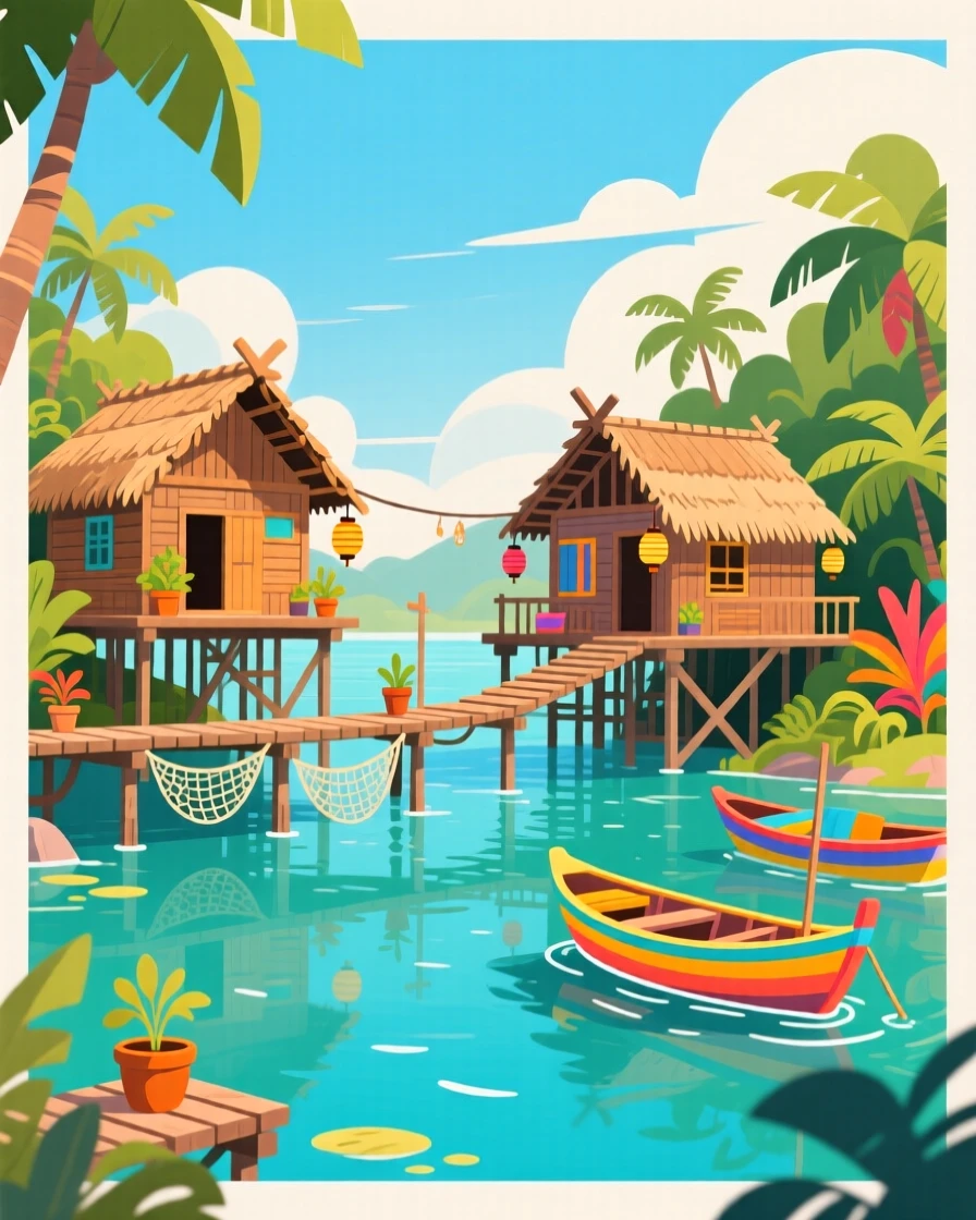 A traditional stilt village built above calm turquoise water, surrounded by vibrant local color and charm, framed to highlight the destination's unique character, with a joyful, adventurous atmosphere.