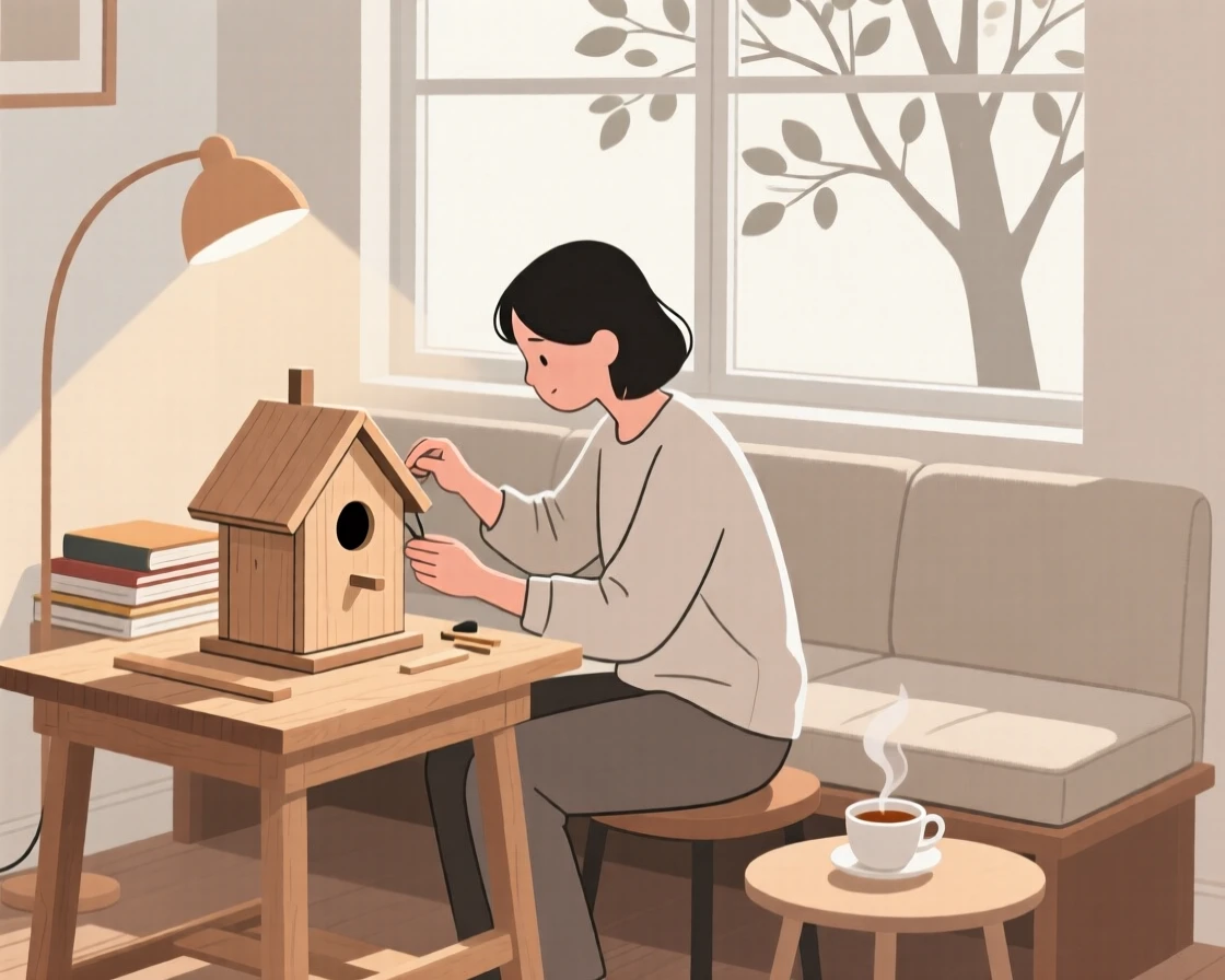 A person building a birdhouse in a cozy reading nook.