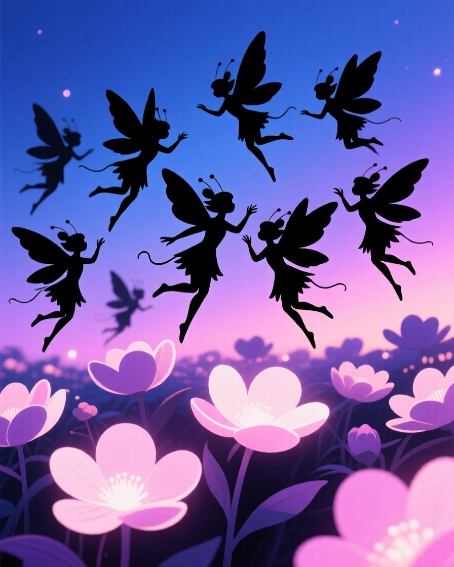 A flock of tiny winged pixies dancing above a bed of glowing flowers.