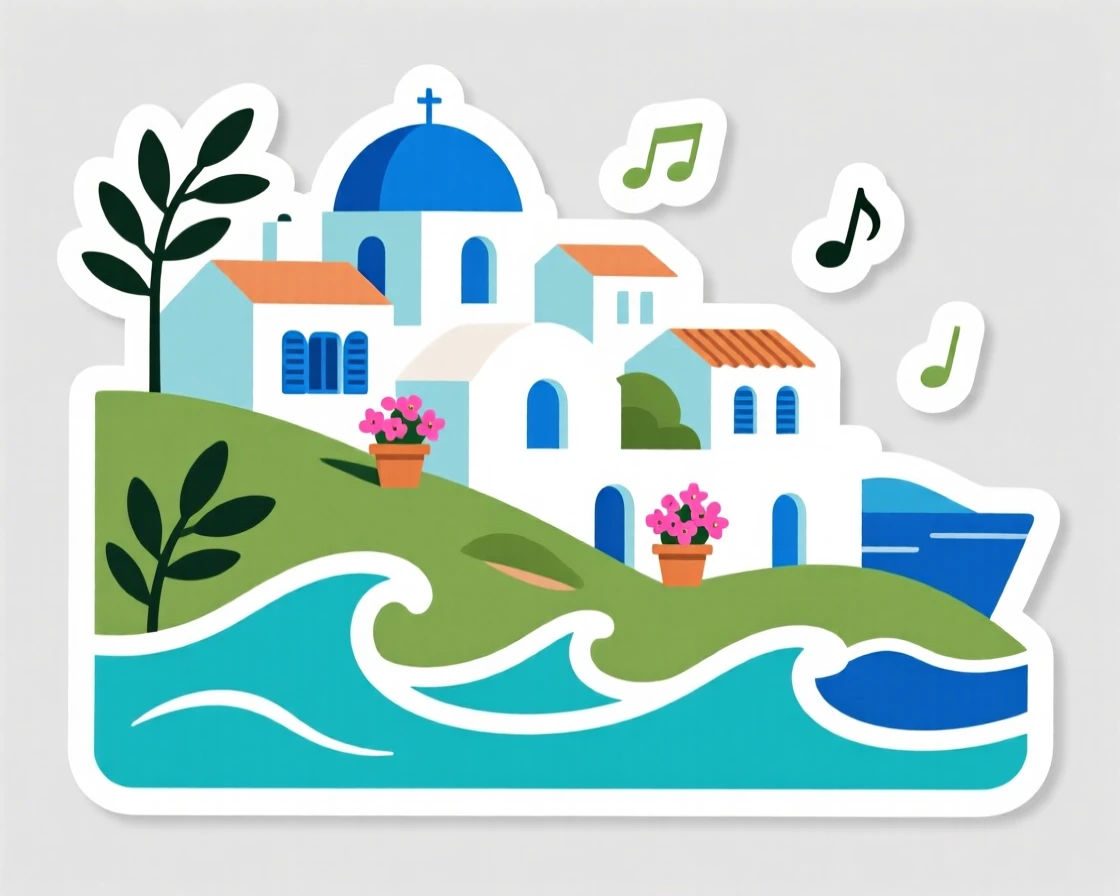 A vibrant and inviting Greek island with white and blue buildings, surrounded by the sounds and colors of the region, in a moment worth remembering forever.
