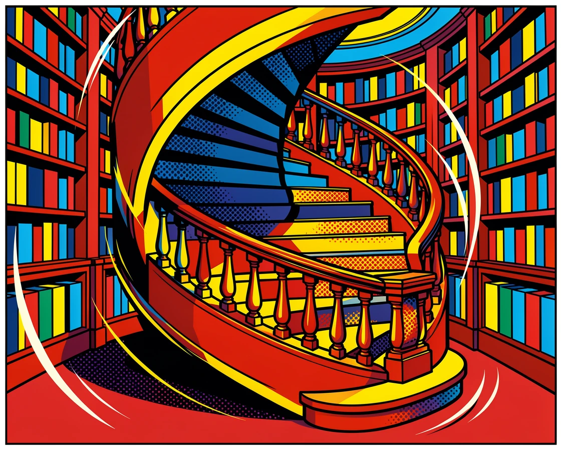A spiral staircase inside a historic library