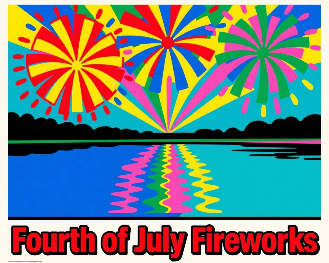 Fourth of July fireworks bursting over a lake