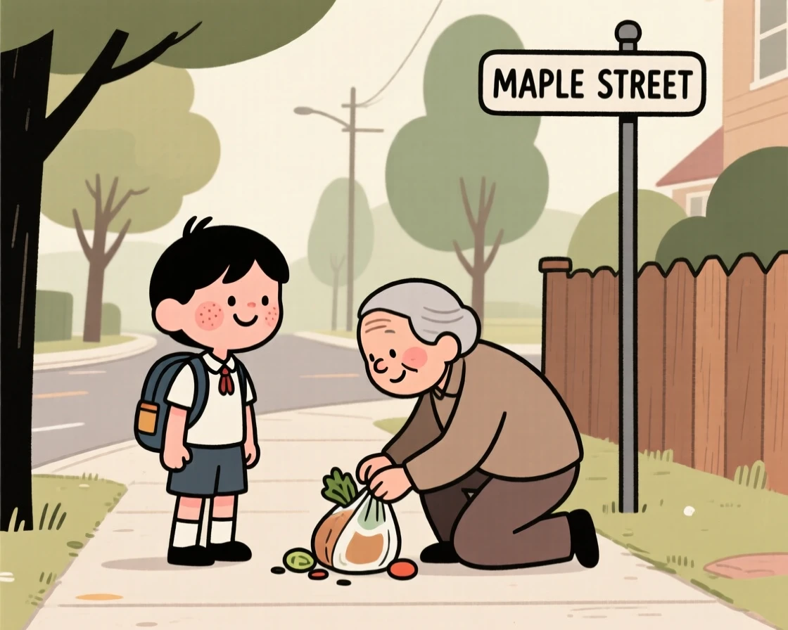 A young student pauses mid-walk home to watch a stranger's small act of kindness, a small smile crossing their face at the simple beauty of it.