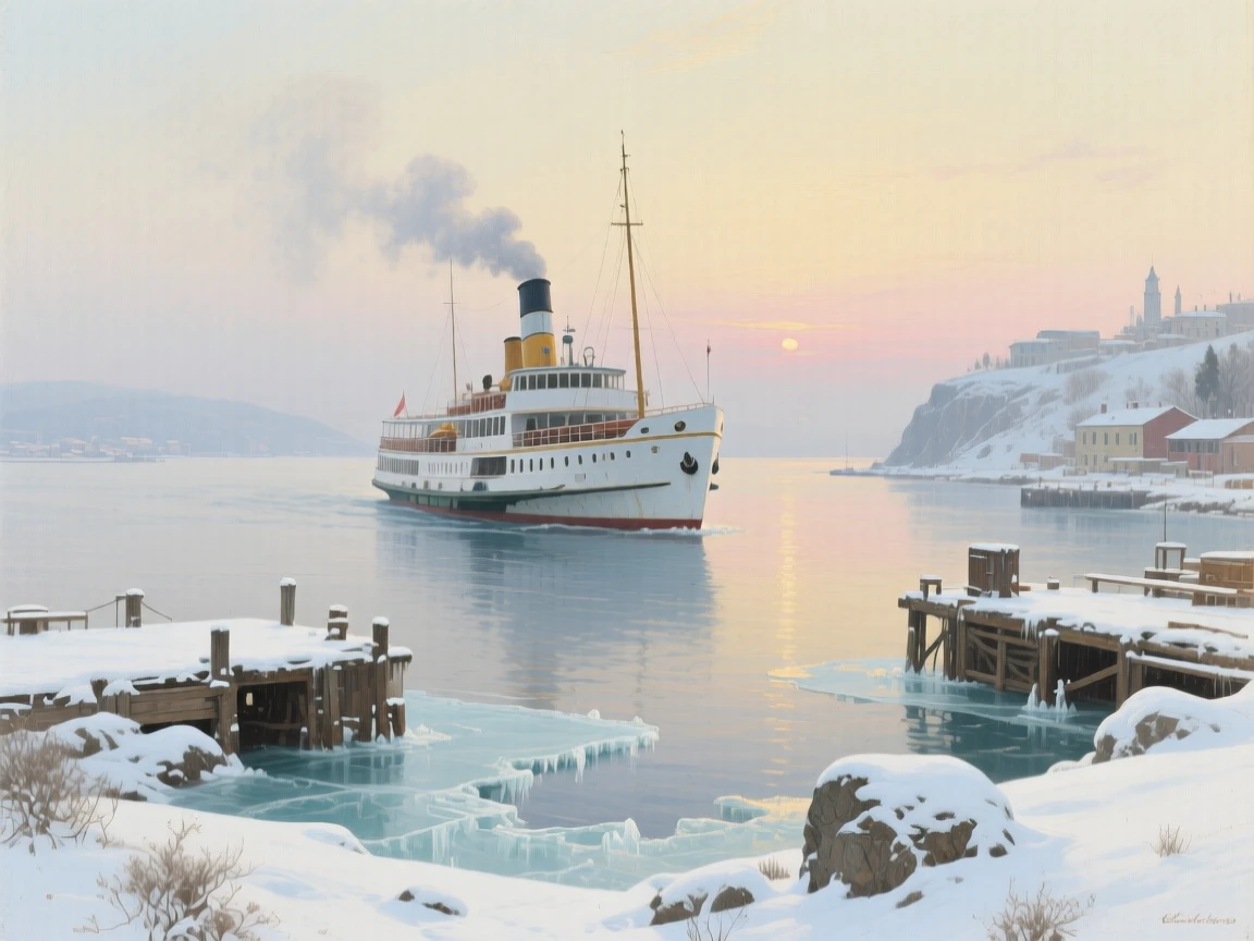 A balanced composition of a steam ferry crossing a wide harbor at dawn, under a fresh blanket of winter snow, along the Turkish coast.