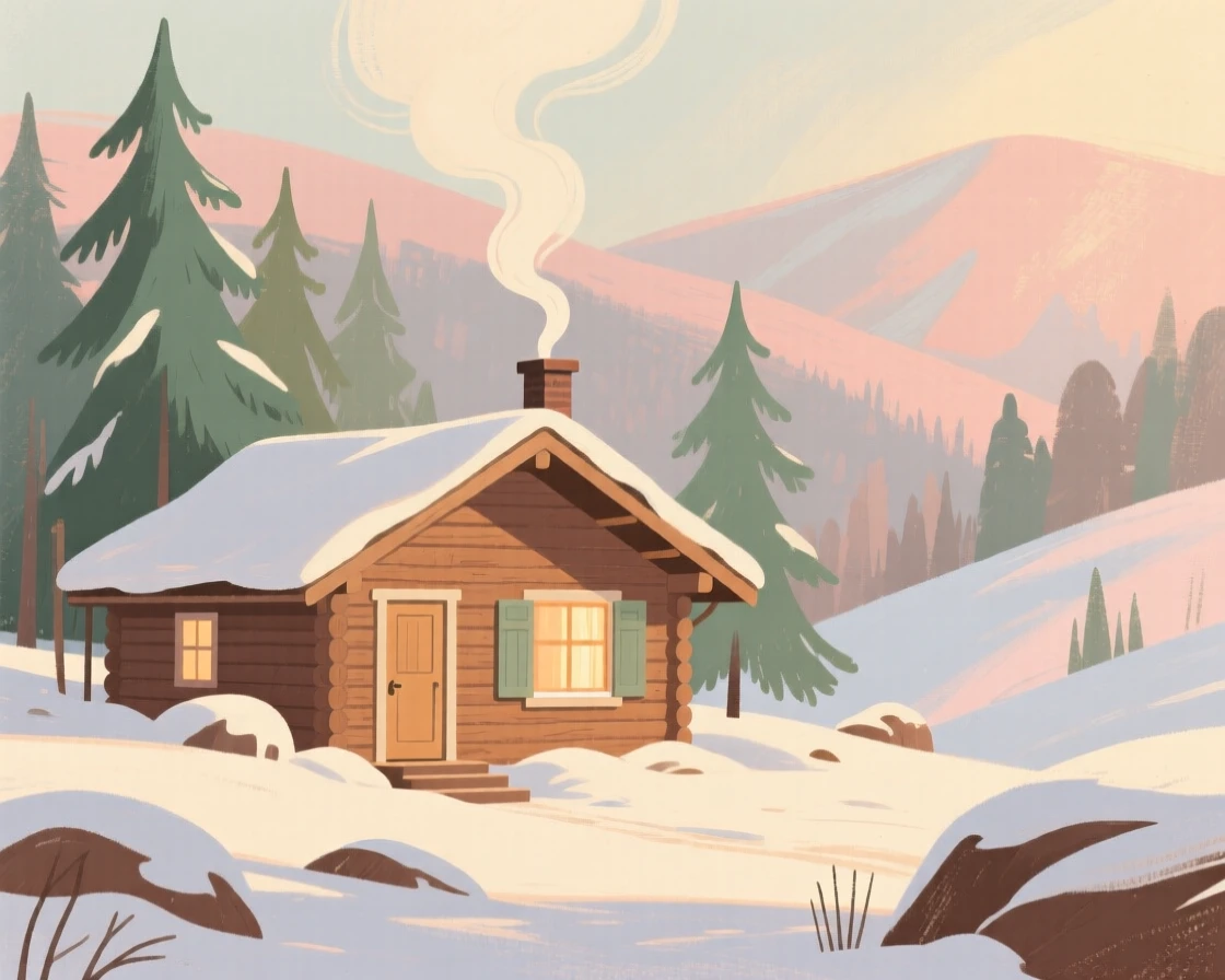 A cozy cabin with smoke rising from its chimney in a snowy valley