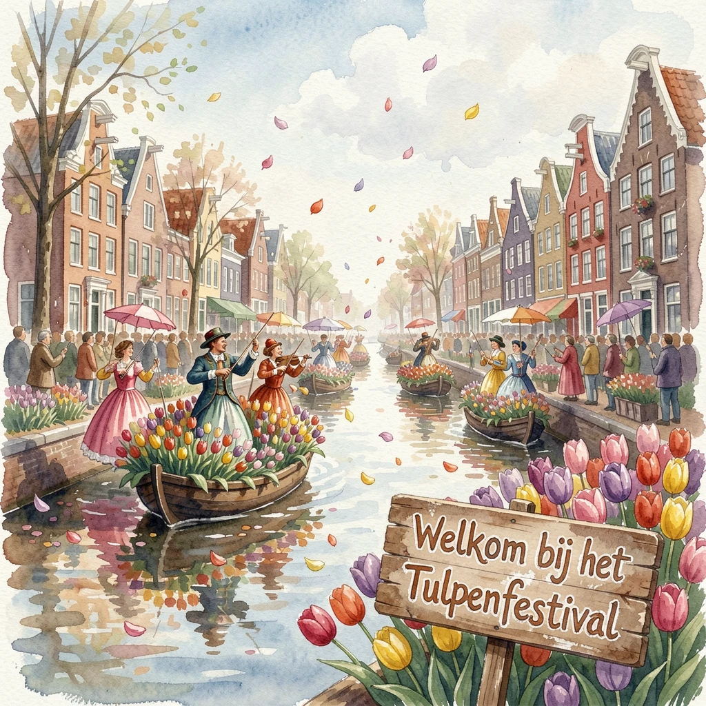 A traditional Dutch tulip festival parade with joyful music filling the air.