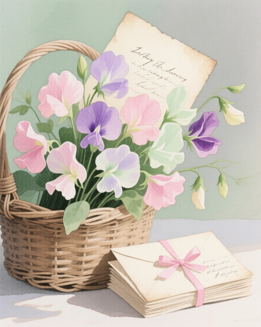 A bouquet of sweet peas in soft, layered tones fills a woven wicker basket beside a stack of handwritten letters, petals catching the gentle light