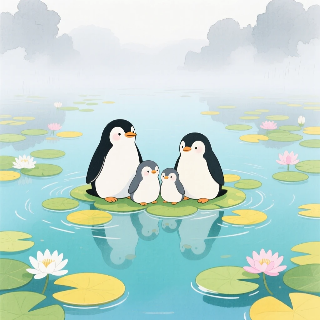 A family of penguins resting peacefully in a lily-pad covered pond on a foggy morning.