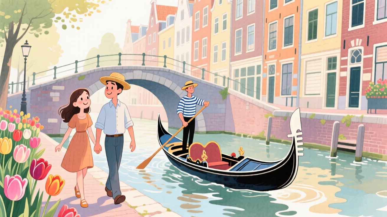 A young couple wanders hand in hand amid a gondola gliding beneath a bridge in Amsterdam, capturing the wonder of discovering a new place.
