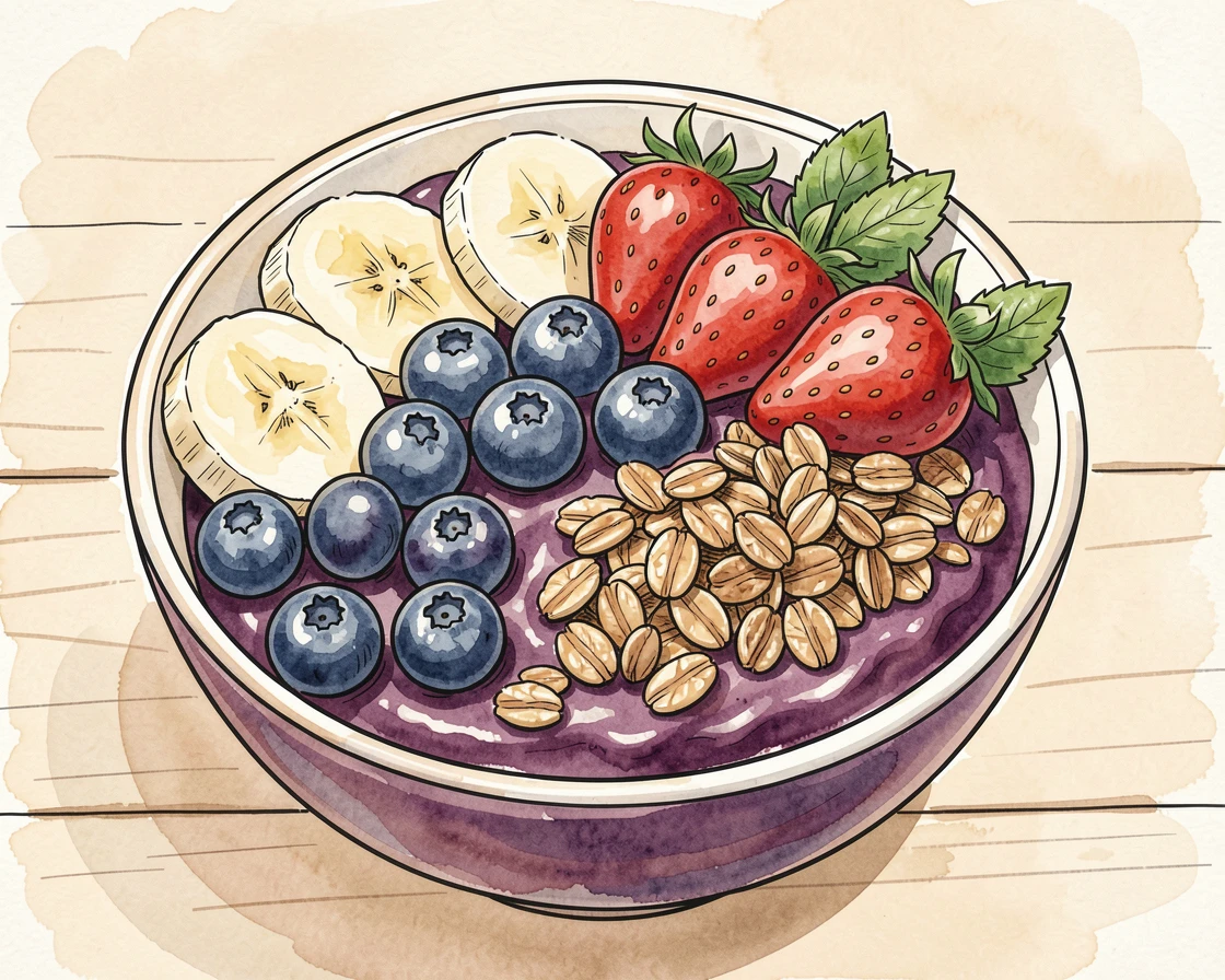 A colorful bowl of acai topped with fresh fruit and granola, the aroma almost palpable in the soft afternoon light.