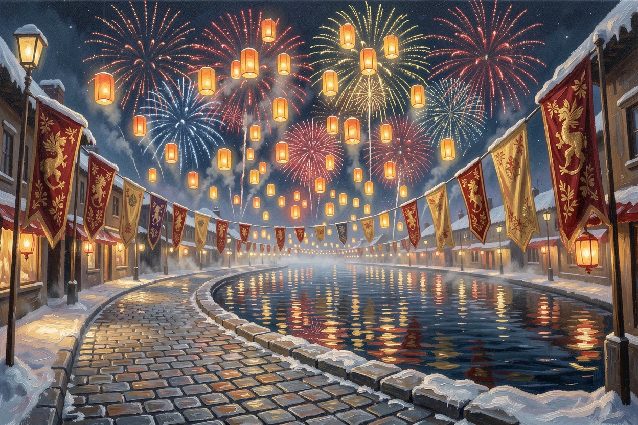 A lantern festival filling the night sky with floating light, fireworks reflecting off the water below, along a cobblestone street decorated with banners, on a crisp winter evening.