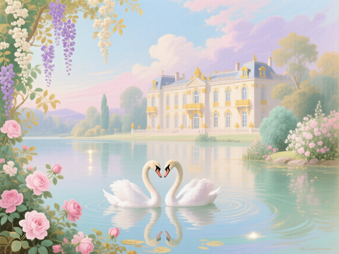 A pair of swans gliding across a lake before a distant palace  