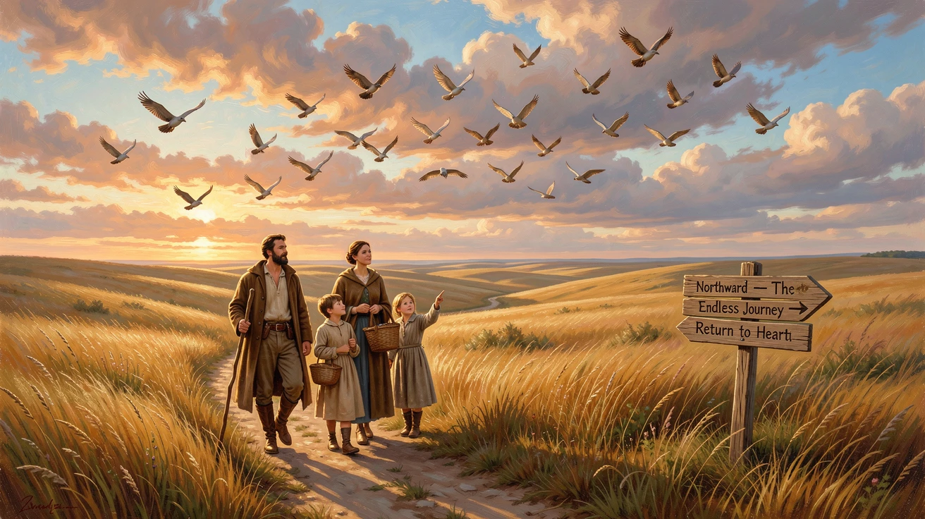 A family of travelers walks along an endless field of tall grass as birds wheel overhead.
