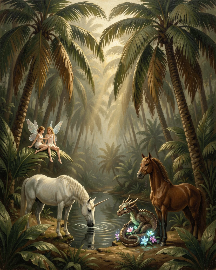 A hidden oasis where magical creatures gather beneath swaying palm trees, as beams of light cut dramatically through darkness or fog, evoking wonder, mystery, and epic storytelling