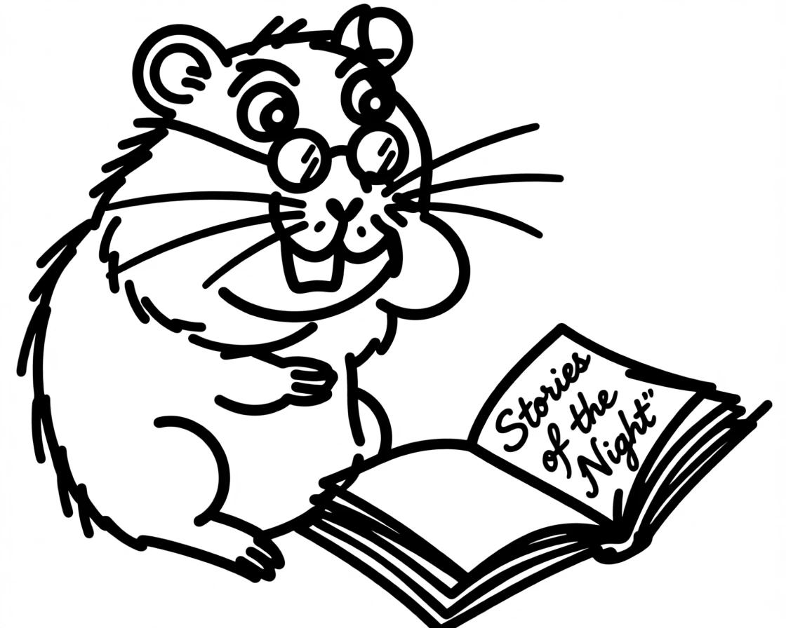 A hamster wearing tiny reading glasses, sitting beside an open book.