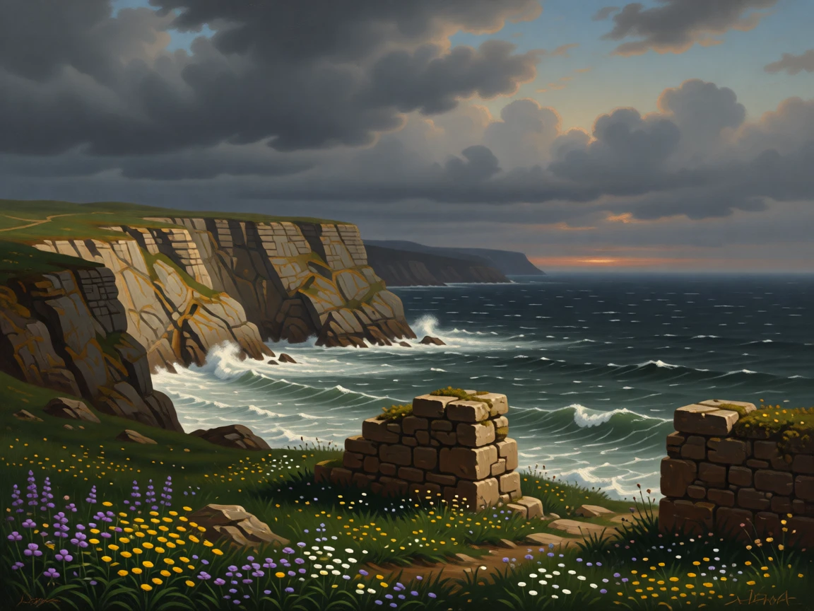 A coastal cliff overlooking crashing waves beneath a stormy sky captured in the fleeting stillness of a perfect moment, set beside the remnants of an old stone wall or ruin, with wildflowers scattered like scattered jewels across the green; layered depth separates near, middle, and far distance beautifully, evoking peace, wonder, and quiet renewal.