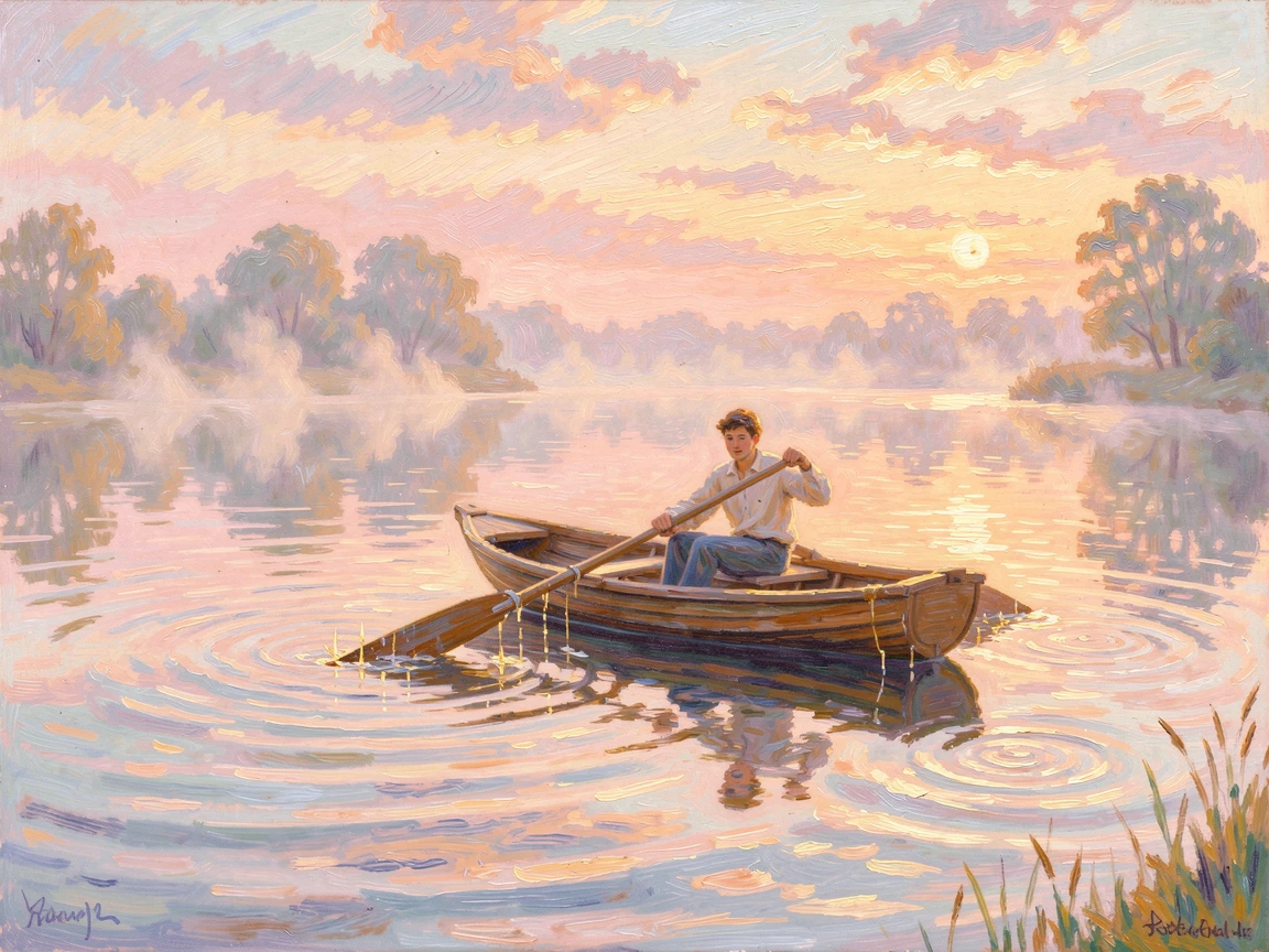 A young man rowing a small boat across a still lake at sunrise, oars dripping with golden light, in the gentle hush of early morning, evoking a sense of peace and quiet wonder.