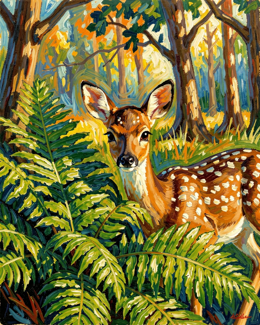 A curious fawn peeking out from behind a fern in a sunlit forest glade.
