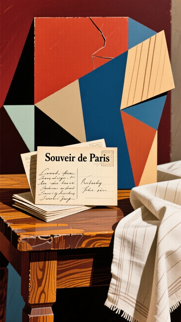 An elegant still life featuring a stack of vintage postcards on a rustic wooden table beside a linen cloth.