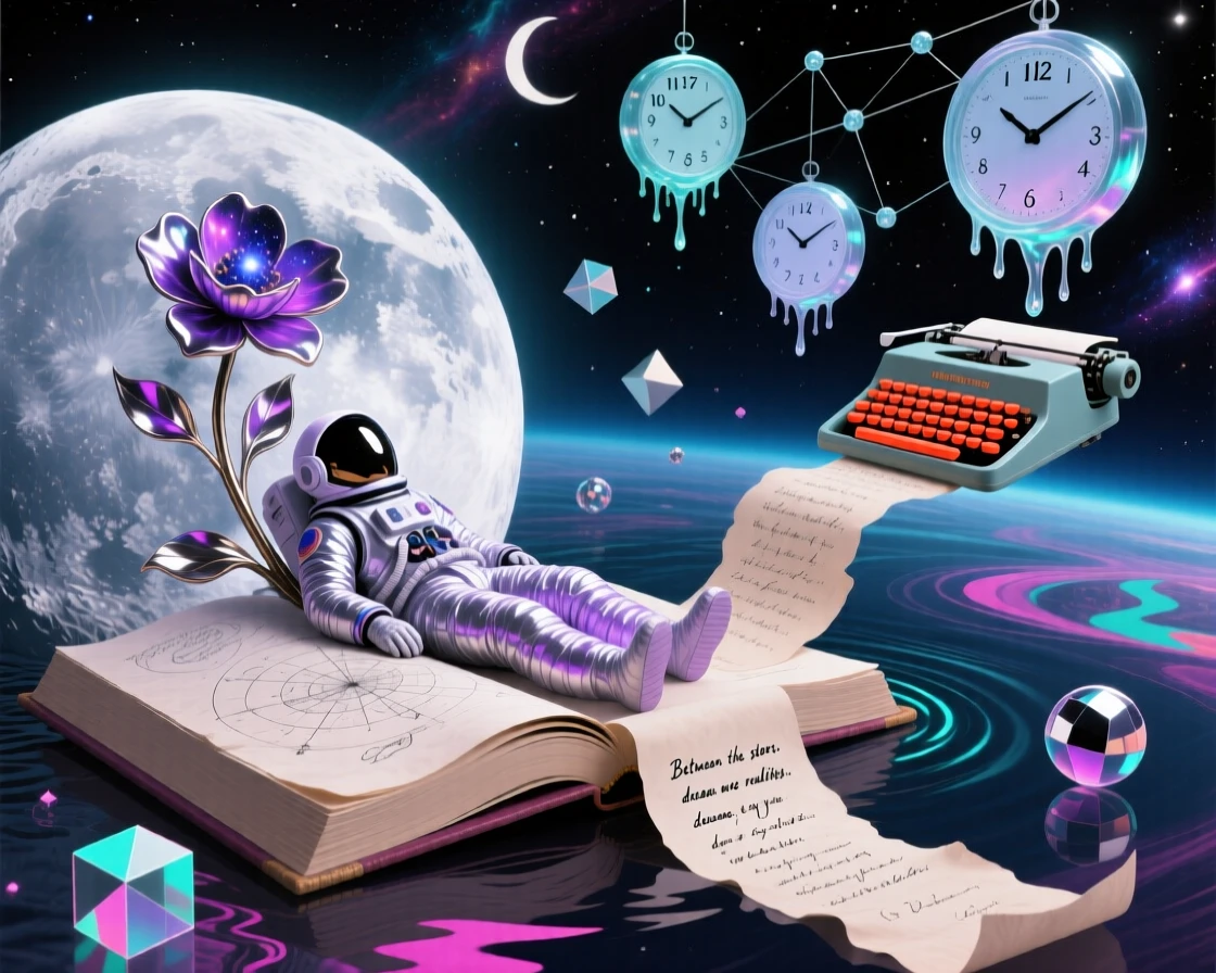 A lone astronaut resting quietly on the surface of a paper moon rests peacefully in a space that feels both familiar and strange, as small details of the world quietly bend and shift nearby.