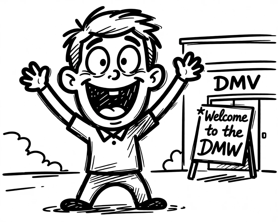 A student passing a driving test, throwing their arms up in celebration outside the DMV.