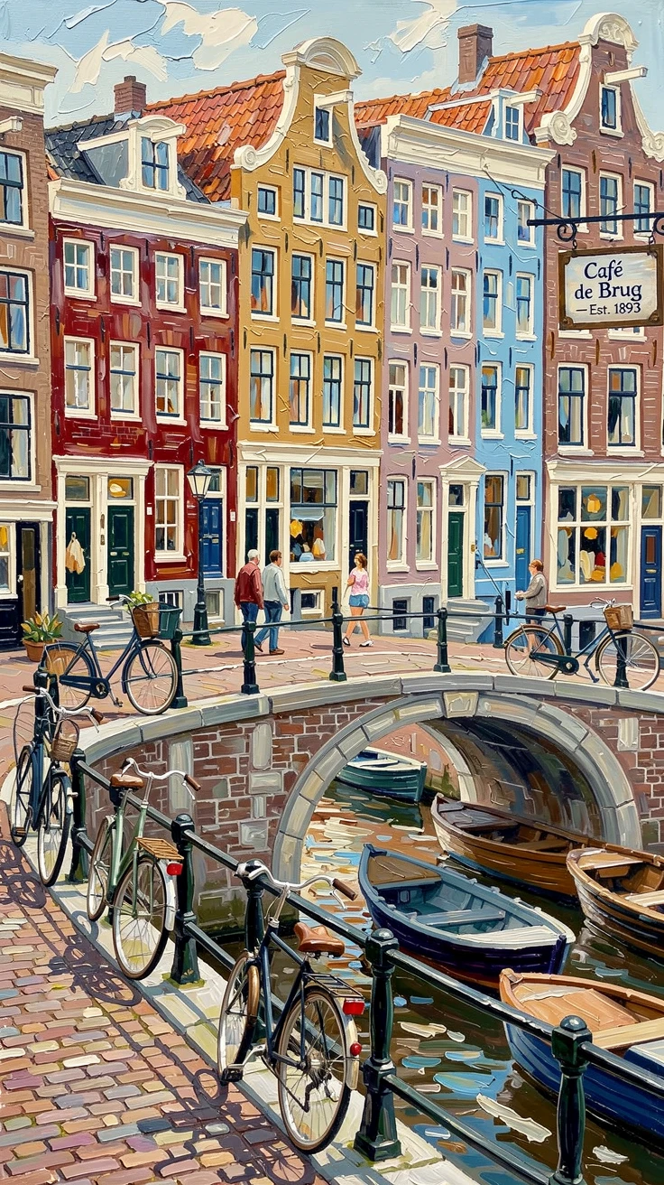 A colorful row of houses lines a canal in Amsterdam, bicycles parked along the cobblestone path as boats drift lazily beneath an arched bridge, the composition balancing grand scale with intimate, human-sized details throughout the frame.
