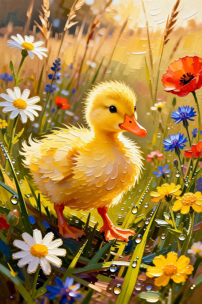 A heartwarming photo of a fluffy duckling exploring a patch of wildflowers for the first time