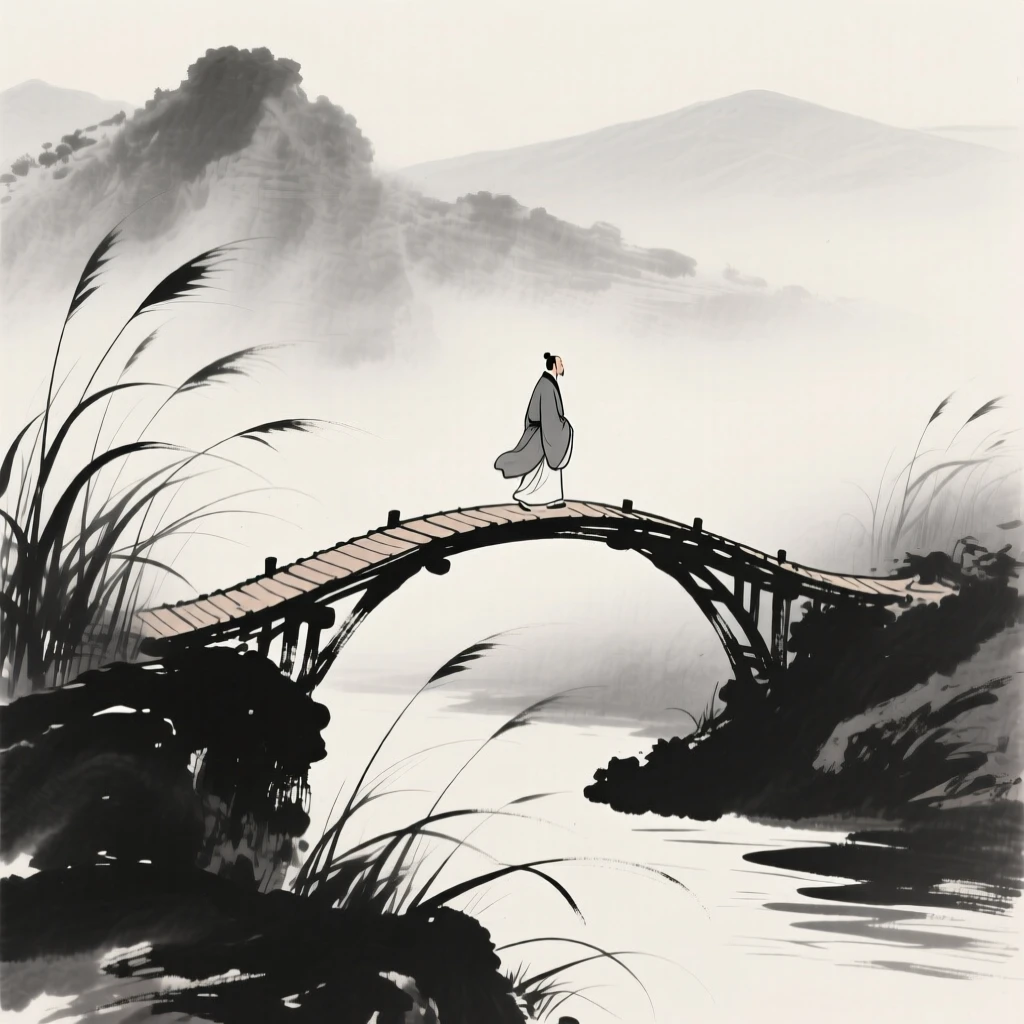 A lone figure crosses a narrow bridge deep in the mountains, as a gentle wind stirs the surrounding grass.