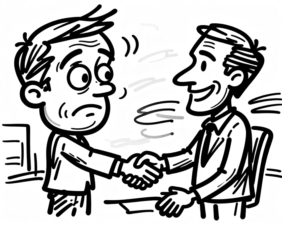 A nervous job candidate shaking hands after a successful interview, relief on their face.