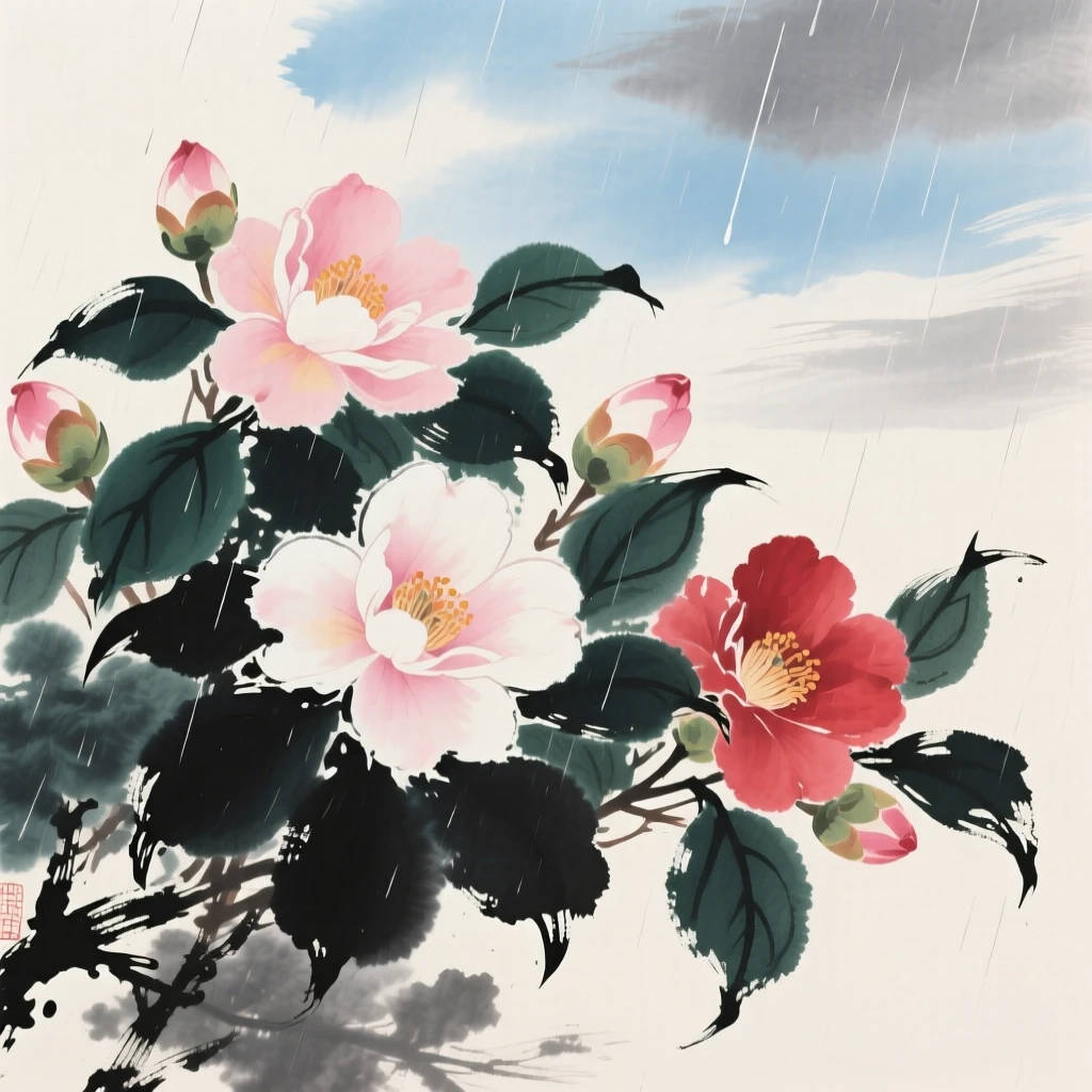 Camellias blooming brightly against a background of dark green leaves, beneath a sky washed clean by rain.
