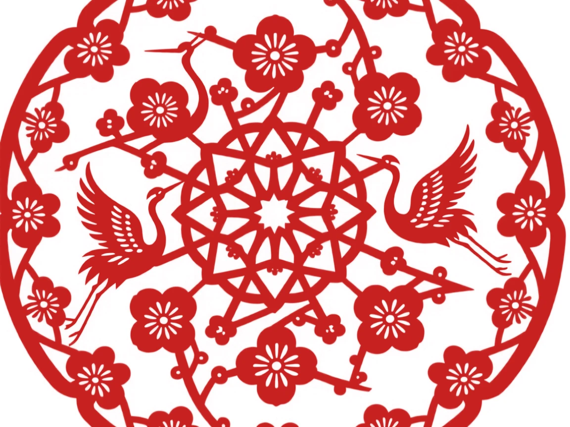 A design of a radial mandala featuring a lattice of plum blossoms and cranes, rendered in perfectly balanced symmetry.