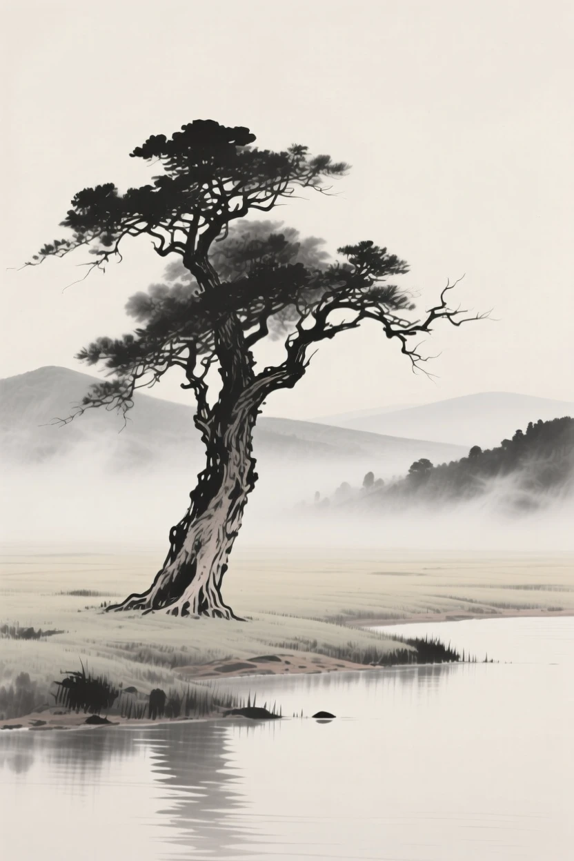 A vast open plain with a single ancient tree standing alone as thin mist rolls slowly through the lower valley, seen from across the water, the far shore reduced to soft silhouette, conveying calm reflection and gentle isolation.