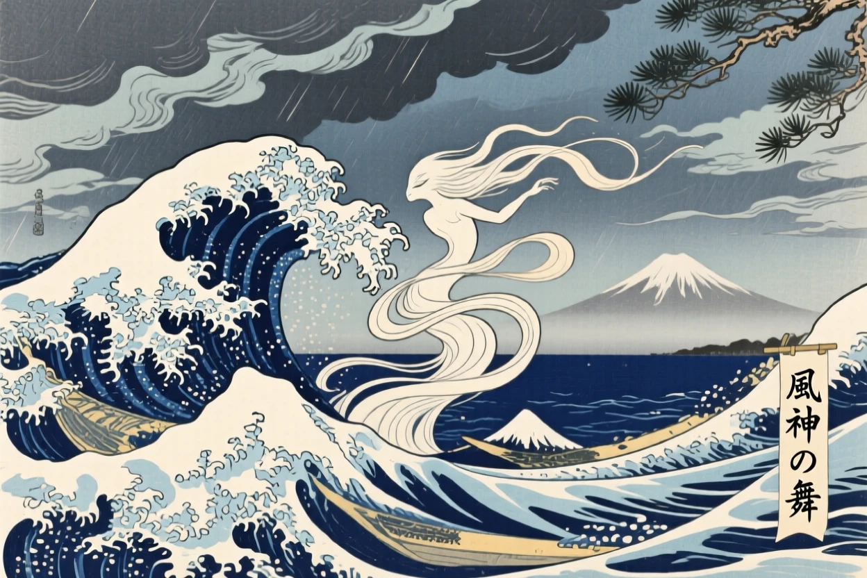 A swirling wind spirit emerging from crashing waves beneath a stormy sky.