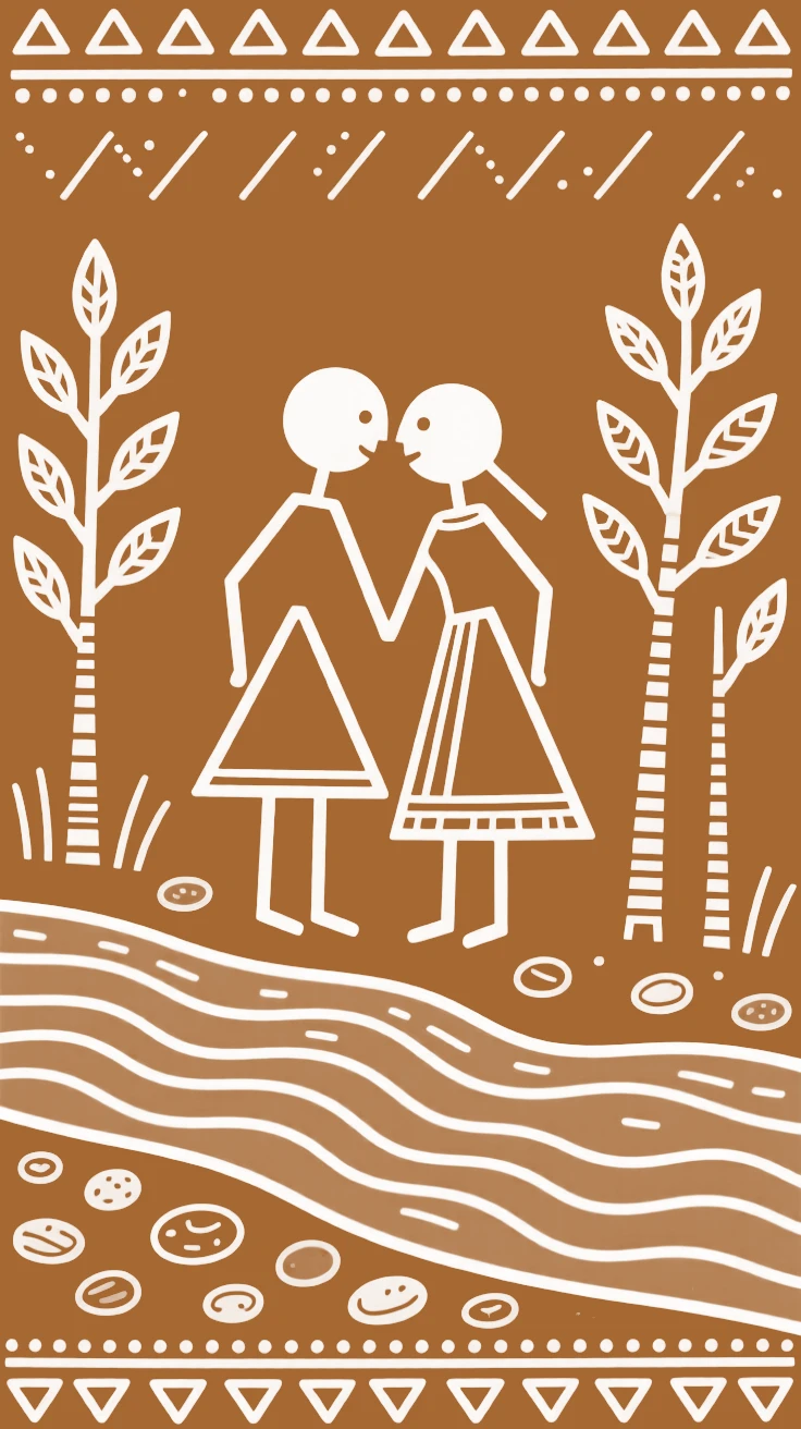 Two newlyweds whispering to each other beside a flowing river.