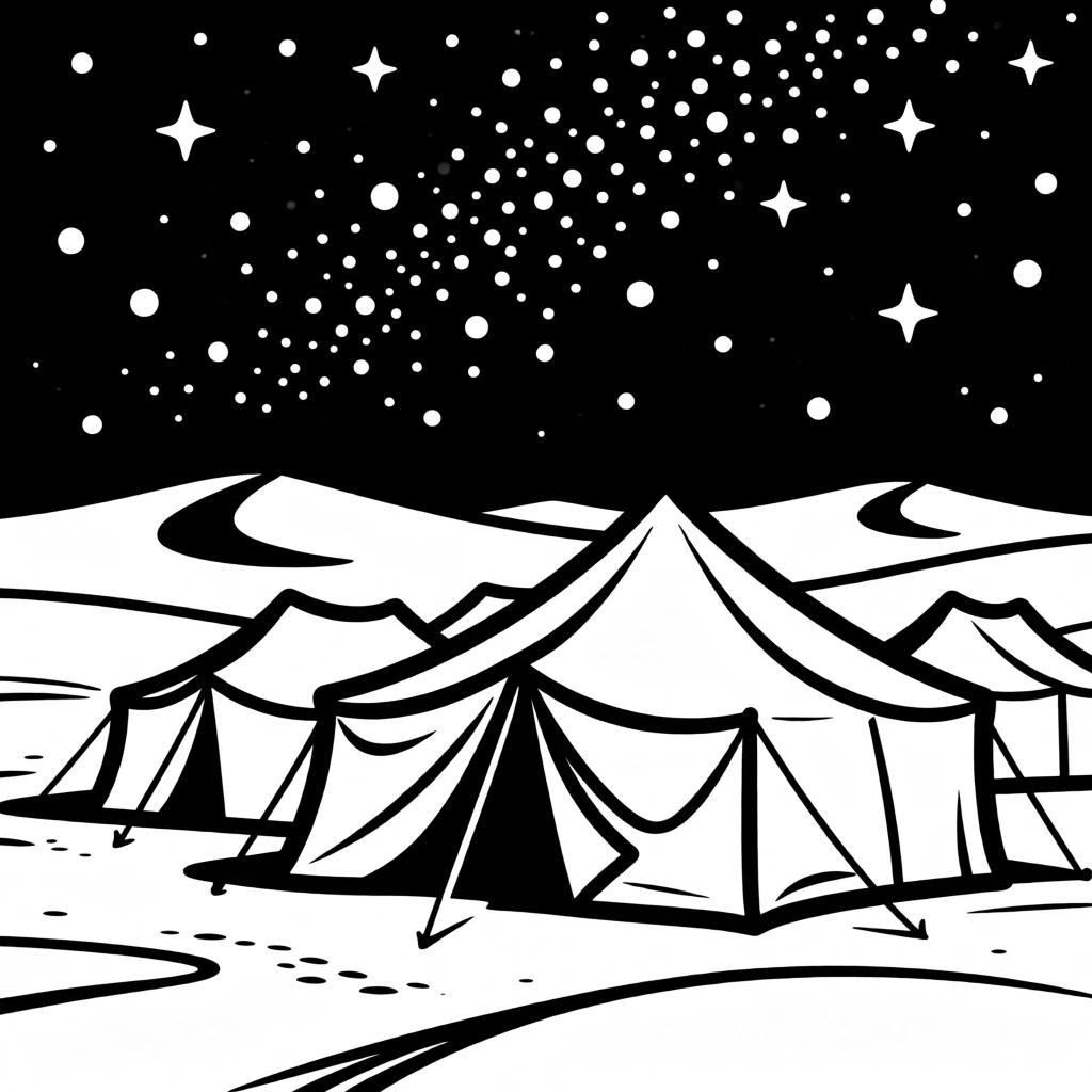 A Bedouin camp with tents pitched beneath a star-filled desert sky.