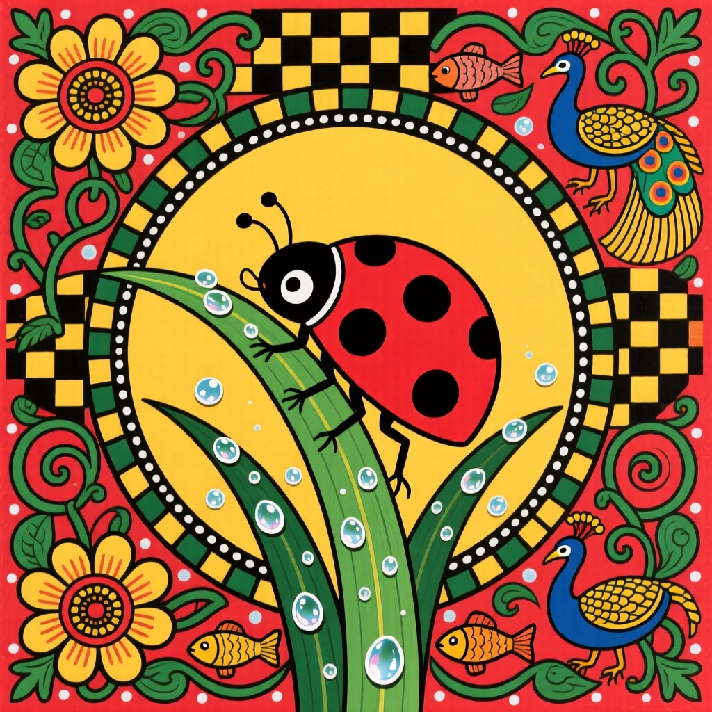 A ladybird resting on a blade of grass beaded with morning dew.