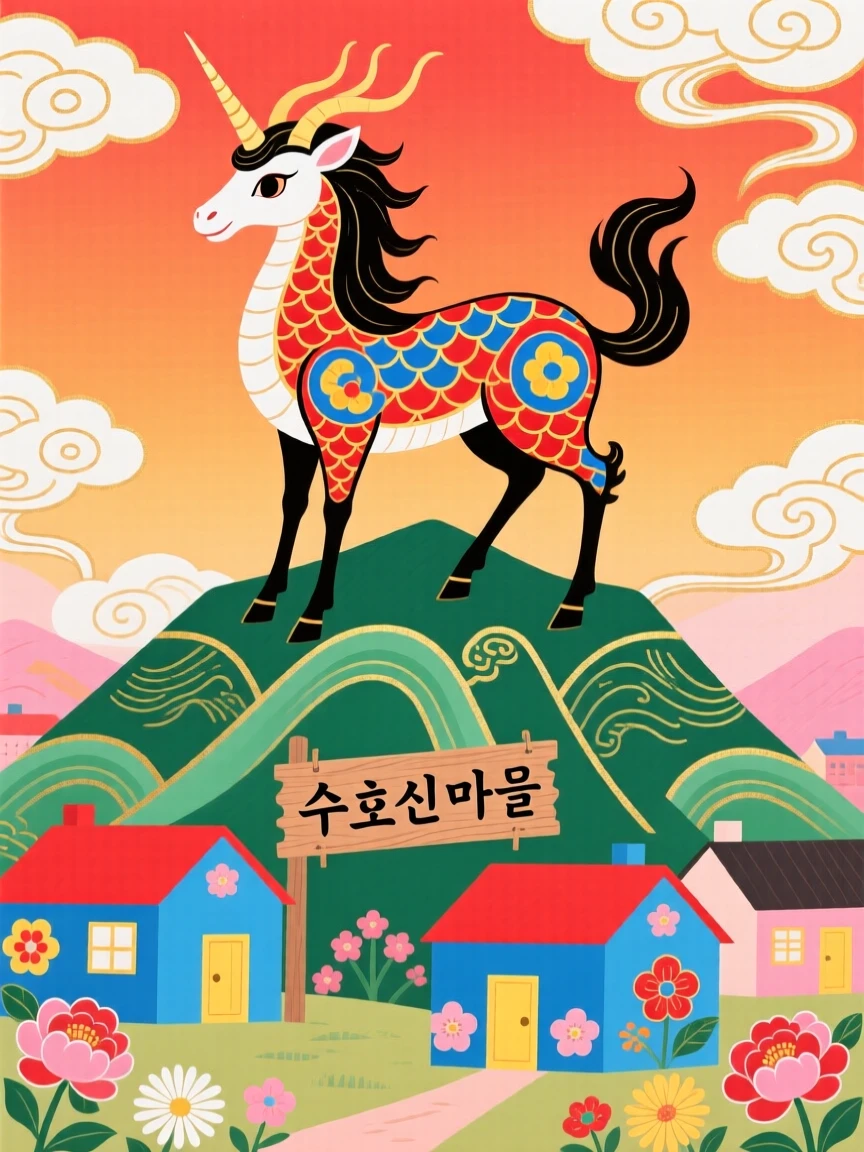 A mythical unicorn-like qilin, watching over a village from a mountain peak.