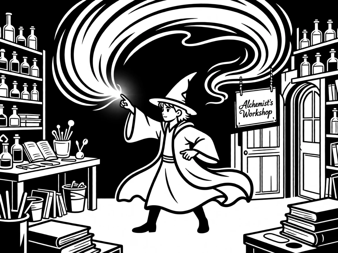 A young wizard's first successful spell lighting up a dark workshop.