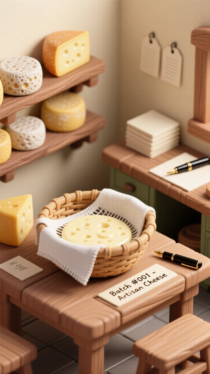 A cheese-making workshop with curds being strained through cloth, wheels aging on wooden shelves, and labels waiting to be written.