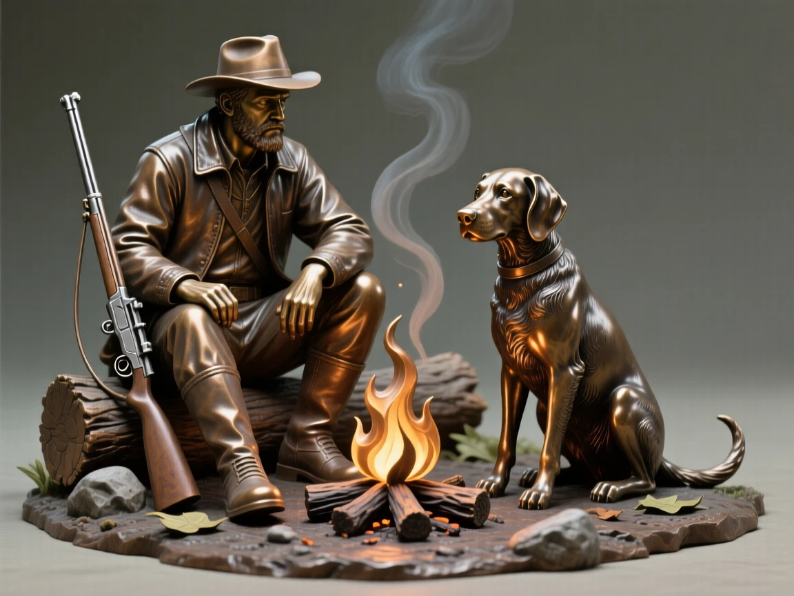 A hunter and his loyal dog resting by a campfire, with an expression of quiet determination, forming a strong central focal point