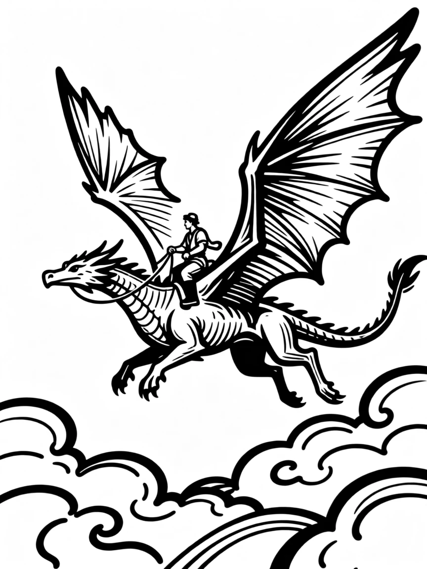 A dragon rider soaring above the clouds on a massive winged beast.